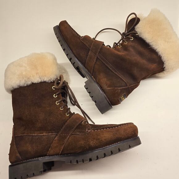 Lauren Ralph Lauren ZABBY Brown Suede Shearling Lace-Up Lug Sole Boots, Sz 8 - Picture 3 of 14